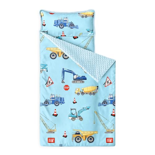 Image of Wake In Cloud - Toddler Nap Mat with Pillow and Minky Fleece Blanket, for Kids Boys Ages 3 Plus in Daycare Preschool Kindergarten, Roll Up Sleeping Bag, Construction Trucks