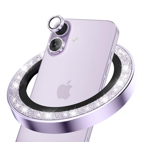 CloudValley Protector De Lente De CáMara Con Purpurina Para iPhone 17, Vidrio Templado HD Antiarañazos, Cubierta De Anillo MetáLico Irrompible, FáCil Instalación, Purpurina Morado
