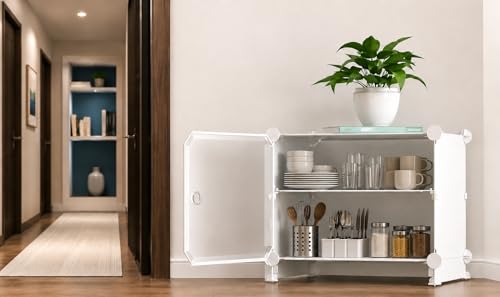 Image of Plastic Cupboard for Storage -2 Pack Multipurpose Stackable Cabinet Drawer, Foldable Wardrobe Organizer for Clothes, Kitchen Storage Cabinet, Modular Drawer Almirah (2-Tier)
