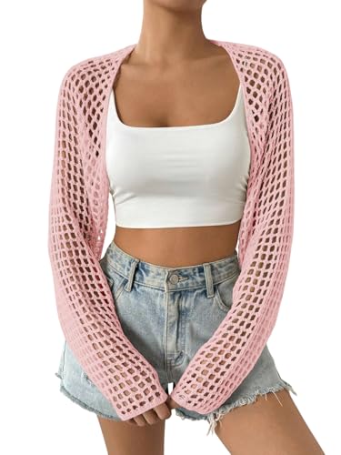 Image of Women's Lightweight Crop Cardigan Crochet Knit Long Sleeve Bolero Shrug Sweater