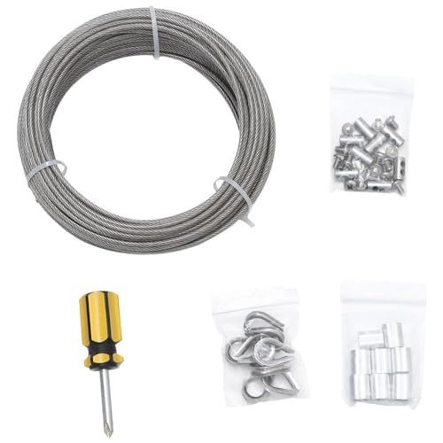 HOBBYIN 304 Stainless Steel Wire Rope Kit, 66ft/20M 3mm Cable Wire Rope Kit, Core Thimbles Aluminum Crimping Sleeves, for Climbing Plants Garden Wire Balustrade Fence