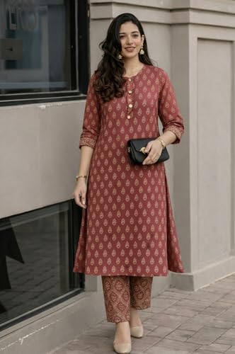 Image of ANNI Designer Kurta Set for Women Viscose Printed | Kurti Set for Woman | Kurta Pant Set | 2 Piece Set Women | Mandarin Neck 3 /4 Sleeve Regular Fit Stylish Ethnic Outfit Clothing