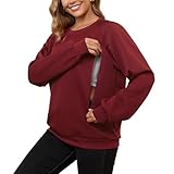 DEBELLY Stillfreundliches Sweatshirt zum Stillen für Damen, Doppelreißverschluss, langärmelig, Rundhalsausschnitt, lässiger Alltagskleidung, Burgunderrot Rot, M