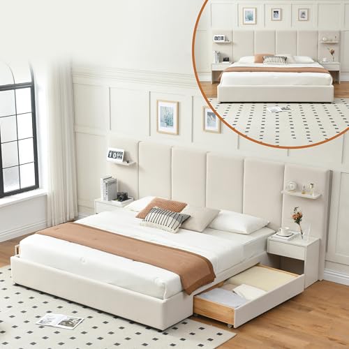 QNZK King Bed Frame with Storage & Nightstands, Platform Bed Frame with Wide Headboard, Velvet Upholstered Bed Frames with Drawers & Floating Shelves, Wood, No Box Spring Needed, Easy Assembly, Cream