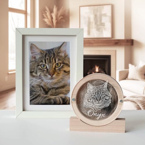 Image of Personalized Pet Hair Keepsake Box for Dog and Cat Fur - Engraved Wood Memorial Box - Unique Customized Gift for Loss of Furry Friend Wooden (Light Round Wood /Acrylic Lid, With Photo)