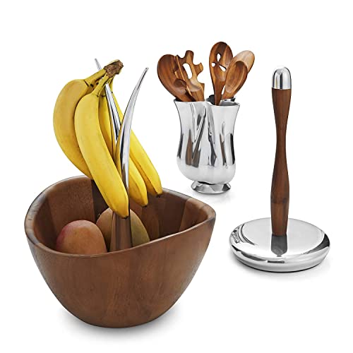 Nambe Fruit Tree Bowl | Fruit Basket With Banana Hanger | Large Decorative Wooden Fruit Bowl For Kitchen Counter Or Centerpiece Table Décor | Made Of Acacia Wood And Metal Alloy | 12-Inch #TOP1