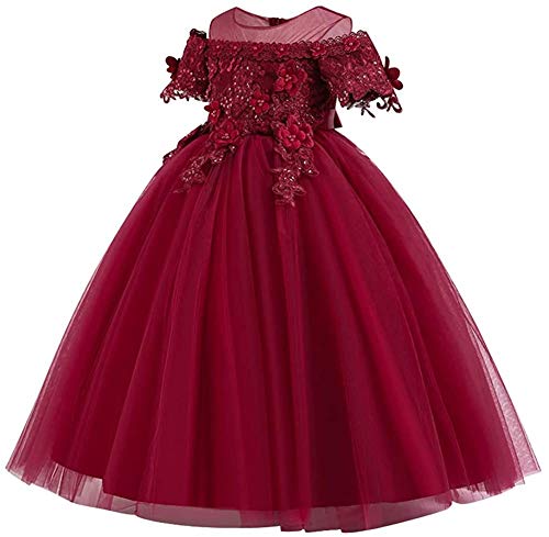 Flower Girls Applique Lace Wedding Tulle Dress Cold-Shoulder Short Sleeve Pageant Birthday Party Evening Ball Gown2
