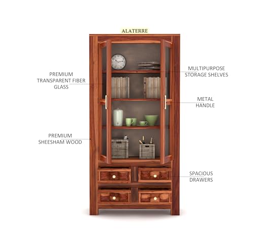 Image of Wood Book Shelf with Glass Door, Wooden Bookshelf for Home Library, Kitchen Crockery Cabinet, Study Room Furniture, Books Rack, Book Stand, BookCases, Bookshelves, Honey Finish