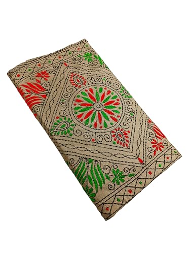 Image of SHRISTI CLOTHINGS Women's Hand Embroidered Cotton Silk Kantha Stitch Saree with Blouse Piece (J420724 GRAYOLIVE)