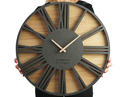 FLEXISTYLE-Gross-wanduhr-ohne-tickgeraeusche-Roman-LOFT-Schwarz-50cm-Wohnzimmer-Schlafzimmer-in-EU-hergestellt