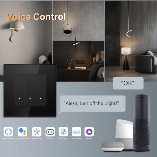 BSEED Lichtschalter Glas Smart WiFi Wechselschalter Compatibel mit Google Home und Alexa Neutrale Leitung Benötigt, 3 Fach 2 Wege, 86mm Schwarz, 2 Pack