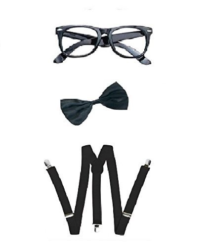 Nerd Bow Tie, Braces and Geek Glasses Kit Fancy Dress (Black) by Blue Planet Online