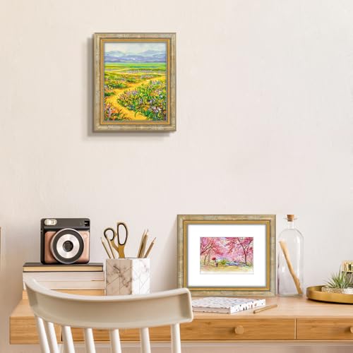 Image of Golden State Art,8x10 Ornate Picture Frame Holds 5x7 Photo,Vintage Gold | Includes real glass front,white mat,easel stand,build-in hangers and buttons.Displays 5x7 photo on wall or tabletop