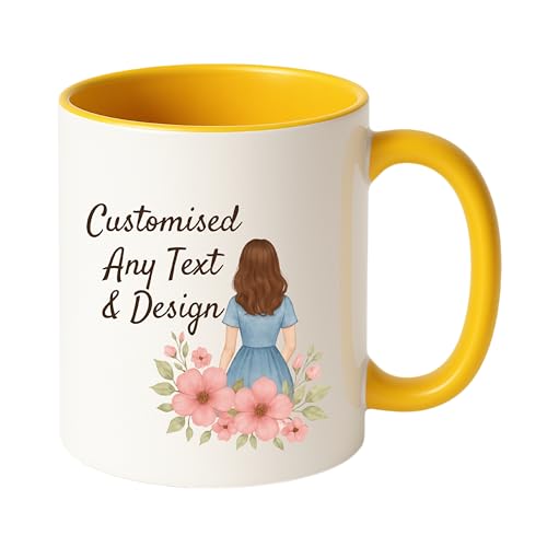 Personalised Mug | Coffee Cup with Coloured Handle and Inner | Any Photo or Text | Custom Coloured Cups for Birthdays, & Occasions | Ceramic Mugs Available in Ten Colours | Yellow