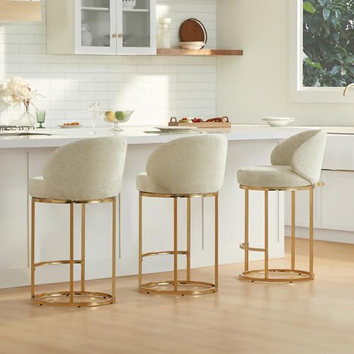 CHITA Counter Height Bar Stools Set of 2, Swivel Upholstered Barstools with Back, Sturdy Metal Base, 26.8" Seat Height, Sand