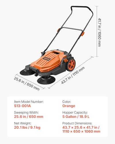 Image of VEVOR Walk-Behind Hand Push Floor Sweeper, Manual Floor Sweeper Non-Electric with 25.6 inch Sweeping Width, 5 Gallons Waste Container & Adjustable Folding Handle for Yards Walkways Patios Garages - Orange