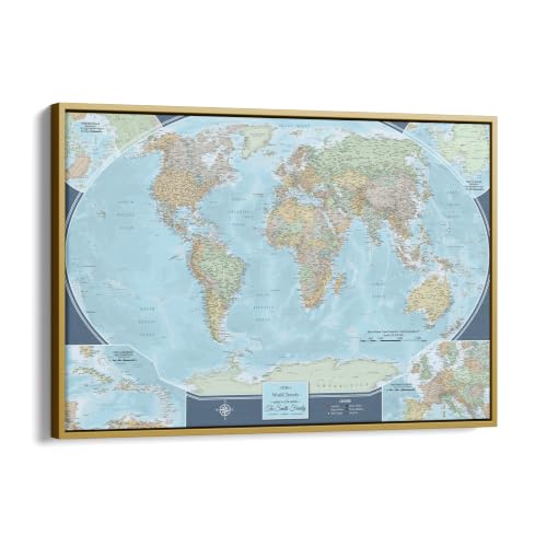 Image of Signature World Travel Map with Pins - Personalized Canvas Wall Decor - Highly Detailed Cartography - Gold Float Frame - 30 inch x 45 inch