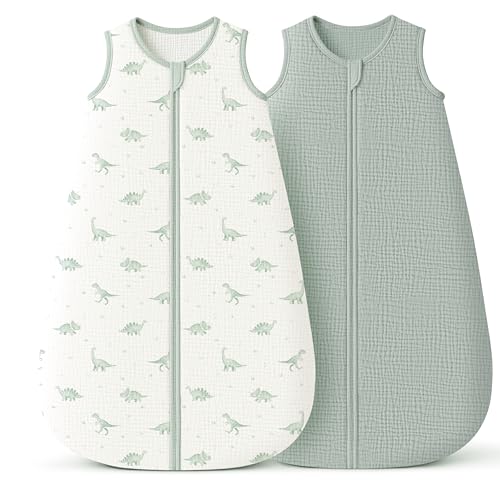 Image of Konssy Muslin Baby Sleep Sack 6-12 Months, 0.8 TOG Baby Wearable Blanket | 2 Pack, 2-Way Zipper, 100% Cotton, Soft & Breathable Sleeping Sack, Infants & Toddlers Nursery Essentials (Green Dino,Green)