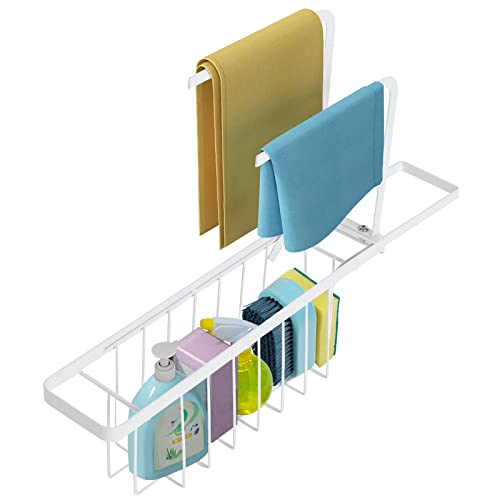 Clastyle Blanc Porte Éponge pour Évier de Cuisine Télescopique Support pour Éponge Acier Carbone Éponge Évier Rangement avec Porte Lavette, sans Percage Cover
