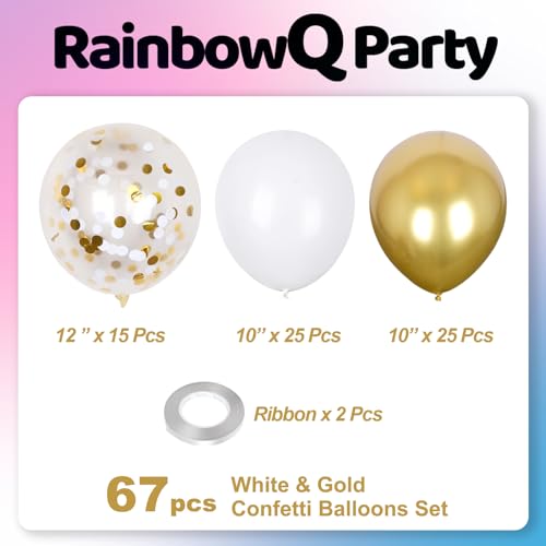 Image of Metallic Shiny Gold and White Balloons 12 Inch 67PCS White Gold Confetti Balloons Latex Helium Balloon Set for Graduation Anniversary Wedding Birthday Party Decorations