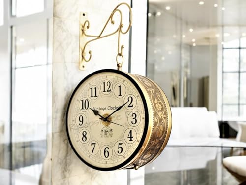 Vintage Clock Handcrafted Double Side Clock with English Numbers 1 Year Warranty (10 Inches Size, Brass Finish, Floral Design)
