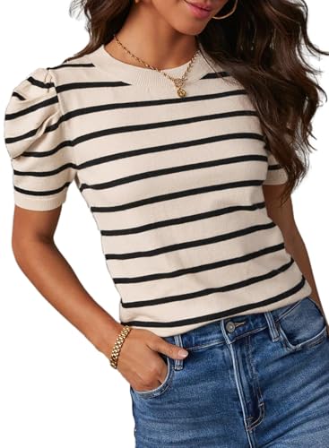 Dokotoo Summer Tops for Women Causal Lightweight Knitted Blouses Short Puff Sleeve Sweaters Causal Striped Tops Crewneck Cute Black Stripe Loose Shirts Medium