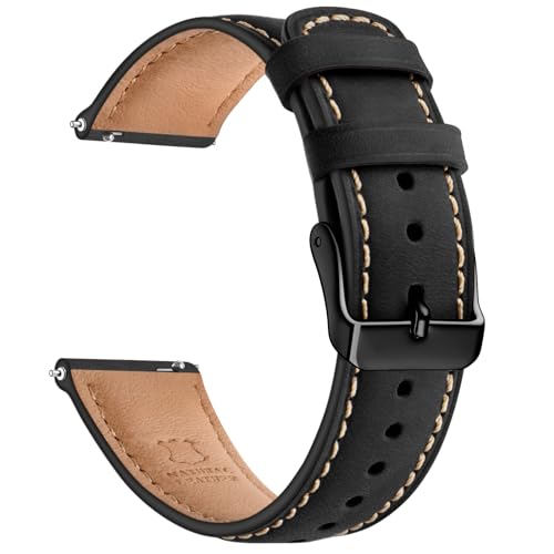 SUNFWR Quick Release Leather Watch Band 20mm for Men Women, Vintage Genuine Leather Strap for Samsung Galaxy Watch 6/Classic/Gear S3/Garmin/Huawei/Timex Watch Bands (20mm, Black/Black)