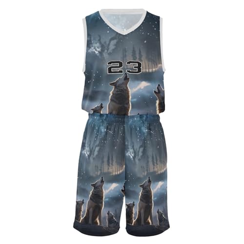 FLildon Moonlight Wolf Howling Boys Basketball Jersey Set Tank Top Shorts Tracksuit Sport Training Suit for Kids, L