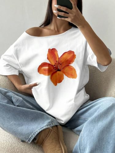 Image of SXV STYLE Women's Off Shoulder Top, Yellow, Orange Floral Print, 3 /4 Sleeve, Casual Loose Fit