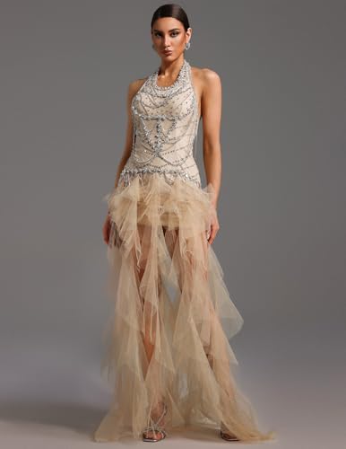 BELLA BARNETT Beige V Neck Sequin Tassel Halter Mesh Dress Rhinestone Maxi Backless Sparkle Prom Dress2