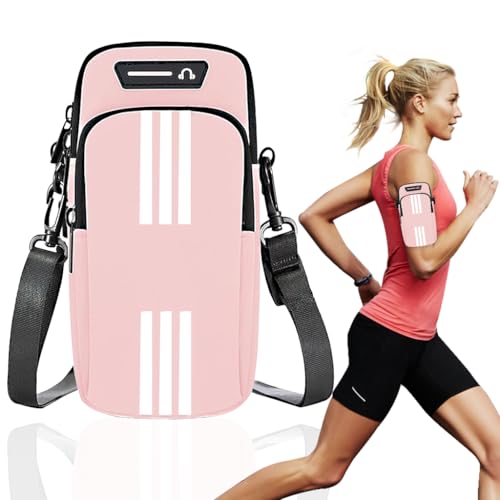 Image of Proberos Running Armband Phone Pouch for 7'' Smartphones, Waterproof, PU Double Layer Zip Bag, Adjustable Arm Band with Reflective Strip & Earphone Hole, Phone Holder for Men Women, Pink