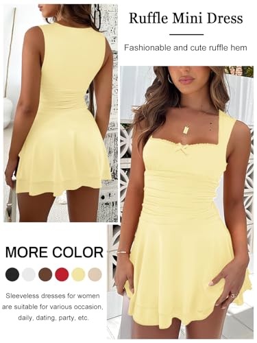 Women's Square Neck Ruffle Mini Dresses Ruched Waist Slim Sleeveless Corset Dress for Women Summer Short Party Dress2