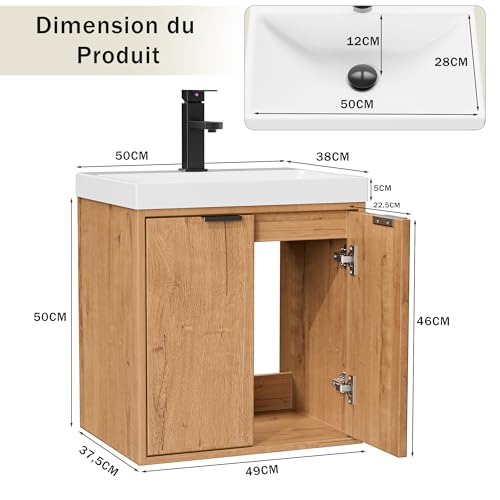 Meuble SDB suspendu 50 cm bois + vasque UEV
