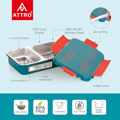 Image of ATTRO Hot-Meal 2 Insulated Lunch Box with 2 Compartment, Inner Stainless Steel & Locking Lid BPA-Free Food Grade Ideal for School, Office - 800ml Dark Blue