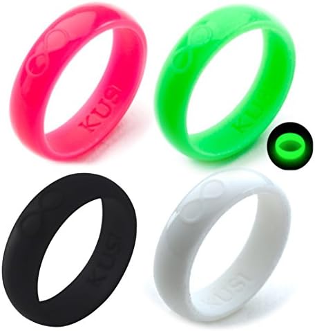 KUSI Silicone Wedding Ring Band for Women Committed to Active Lifestyle, Infinity Bands, Rubber, Comfort Fit, Black, Glow in The Dark and More, Singles and 4 Pack Sets
