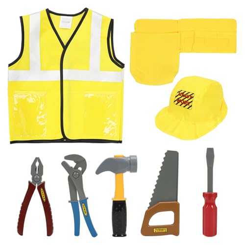 Meleager Déguisement Ouvrier Enfant, Costume d'ouvrier du Bâtiment, 8 Pièces Travailleur Construction Costume Avec Jaune Gilet, Jouets Outils, pour Garçons et Filles, Carnaval, Halloween