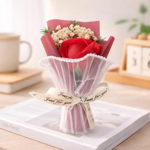Image of Mini Artificial Red Rose Bouquet for Gifting, Pearl Net Wrapped Flower with inchJust for You inch Ribbon, for Mom, Anniversary, Birthday, Proposal, Desk & Home Decor (Red)