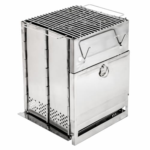 Fogão a Lenha Portátil Inox Dobrável | Mini Fogareiro para Camping, Trilhas e Sobrevivência | Compacto, Resistente e Econômico | 27x20x20cm | Combustível: Lenha, Gravetos e Carvão