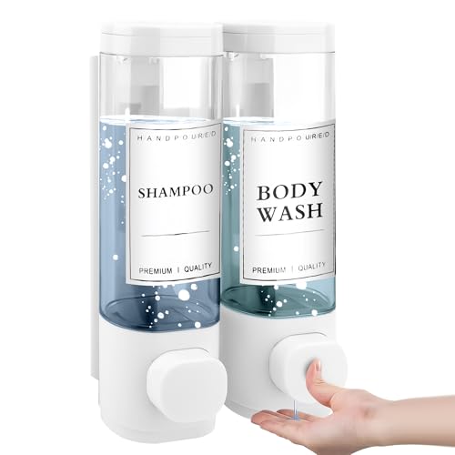 MEKOTRIN Soap Dispenser, 2 Chamber Shampoo and Conditioner Dispenser, Wall Mounted Shower Gel Dispensers with Waterproof Labels for Bathroom Accessories (2 * 300ml, White)