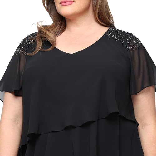 Image of S.L. Fashions Women's V-Neck Chiffon Cocktail Dress with Beaded Shoulders and Asymmetrical Tiers (Petite and Regular Sizes)