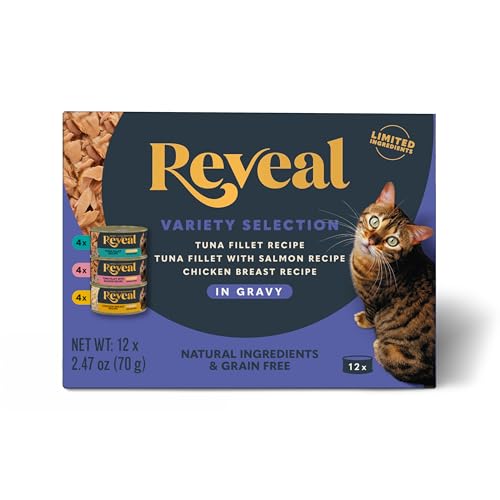 Reveal Natural Wet Canned Cat Food, Limited and Natural Ingredients, Grain Free, High Protein with No Artificial Additives, Fish and Chicken Variety in Gravy, (12 x 2.47 oz Cans)