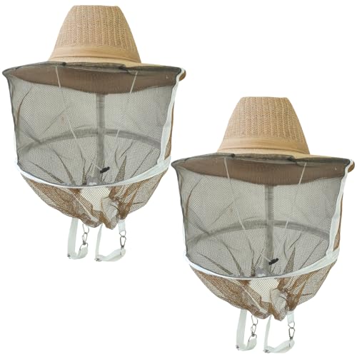 2 Pack Beekeeping Hat with Veil Ventilated Bee Keeper Hat with Long Elastic Shoulder Strap Bee Keeping Supplies for Men Women Outdoor Fishing Hiking Mosquito Net Hat