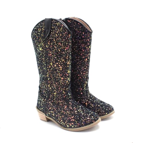 Girls Rhinestone Sparkly Cowboy Boots Kids Pointed Toes Dress Shoes Low Heel Mid Calf Zipper Party Sequins Boots3