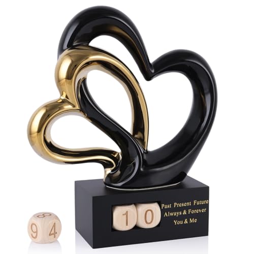 LINYTHER Heart Sculpture Decor, Black and Gold Interlocking Hearts Love Statue, Romantic Couple Sculpture for Anniversary Wedding Valentine’s Gifts, Entryway Living Room Table Decor