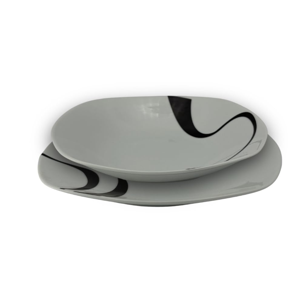 Kyo Servizio Tavola 36 Pezzi Per 12 Persone In Porcellana – Piatti Quadrati Moderni Bianco/Nero, Lucidi, Resistenti a Urti/Graffi, Lavastoviglie e Microonde