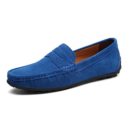 Men's Loafers Shoes Genuine Leather Round Toe Stitching Details Suede Vamp Rubber Sole Penny Loafer Slip Resistant Lightweight Flexible Wedding(Light Blue,10 M US)