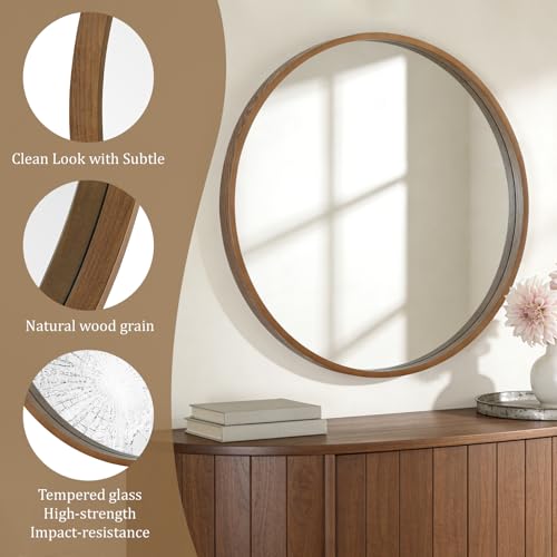 Image of WallBeyond Round Wood Mirror, 36 inch Round Modern Decoration Large Circle Wall Mirror for Bathroom Living Room Bedroom Entryway, Walnut