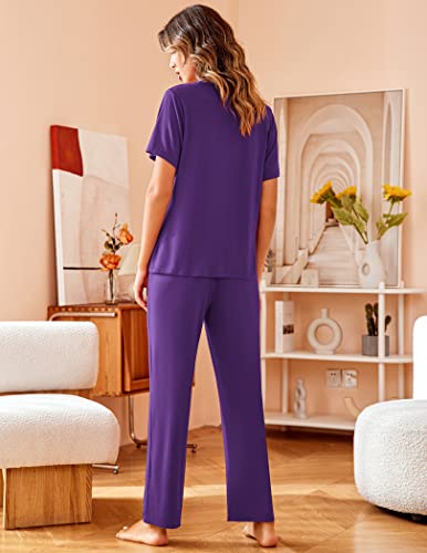 Image of Avidlove Women Pajamas Set Notch Collar Soft Sleepwear Pjs Short Sleeve Button Down Nightwear with Long Pants