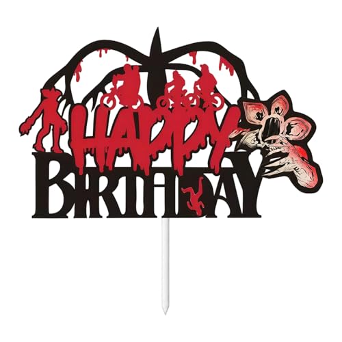Strange Cake Topper Black and Red Birthday Cake Decorations Paper Cake Topper Birthday with Stable Stick for Insert Happy Birthday Decorations for Strange Parties