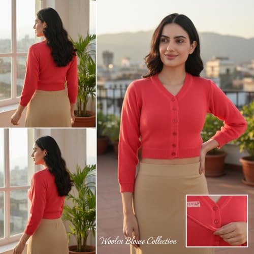 Image of Women Winter Wear V-Neck Full Sleeves Regular Fit Woollen Blouse